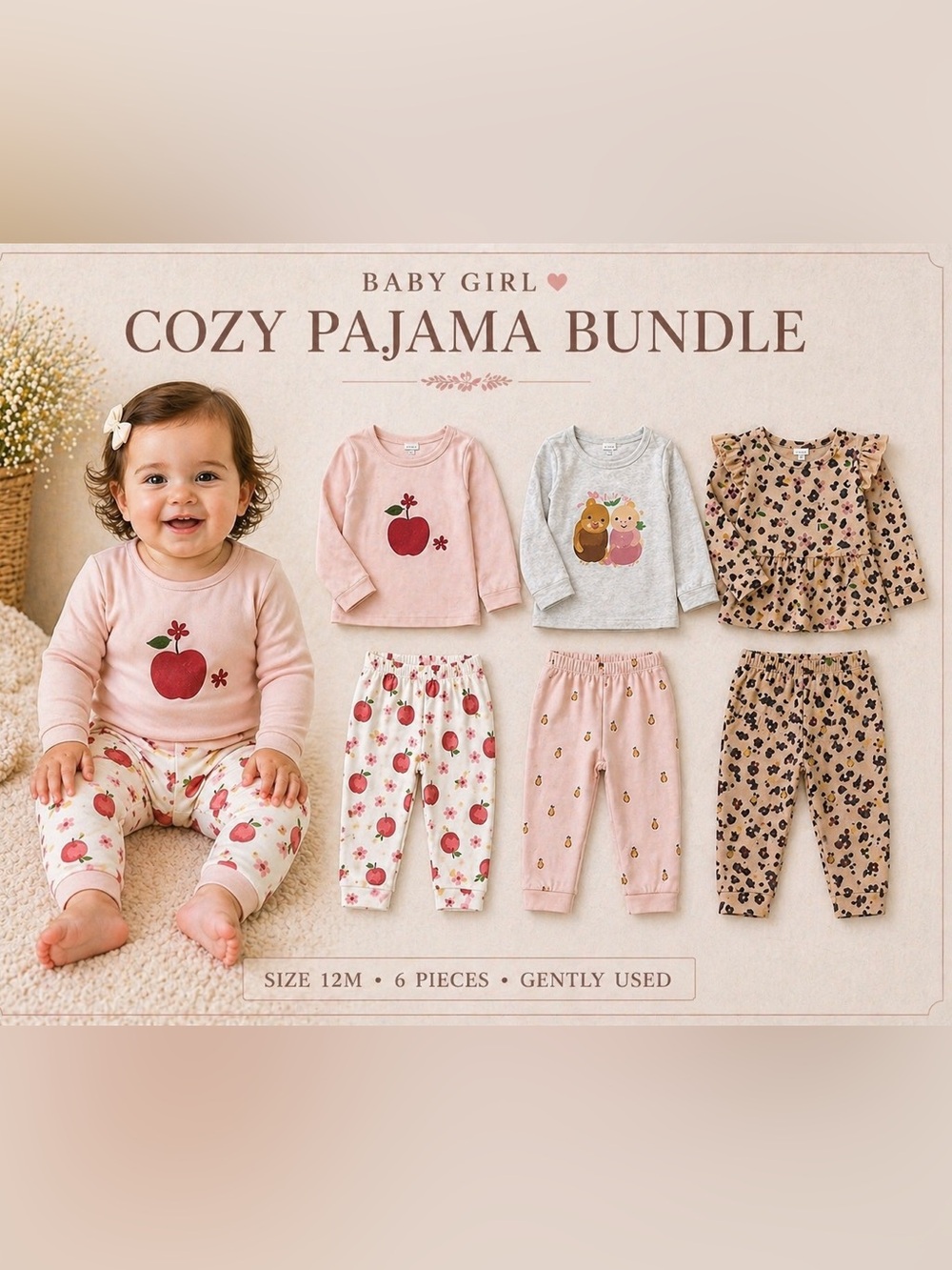 Boutique Baby Girl Pajama Bundle 12M Cozy Sets Neutral Floral Lounge Sets